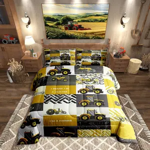 Feelyou Farm Theme Multi-Size Bedding Set - Light Weight Blanket, Soft Breathable Yellow Polyester Duvet Insert/Comforter with Truck, Tractor, Harvester Designs for Bedroom, Travel