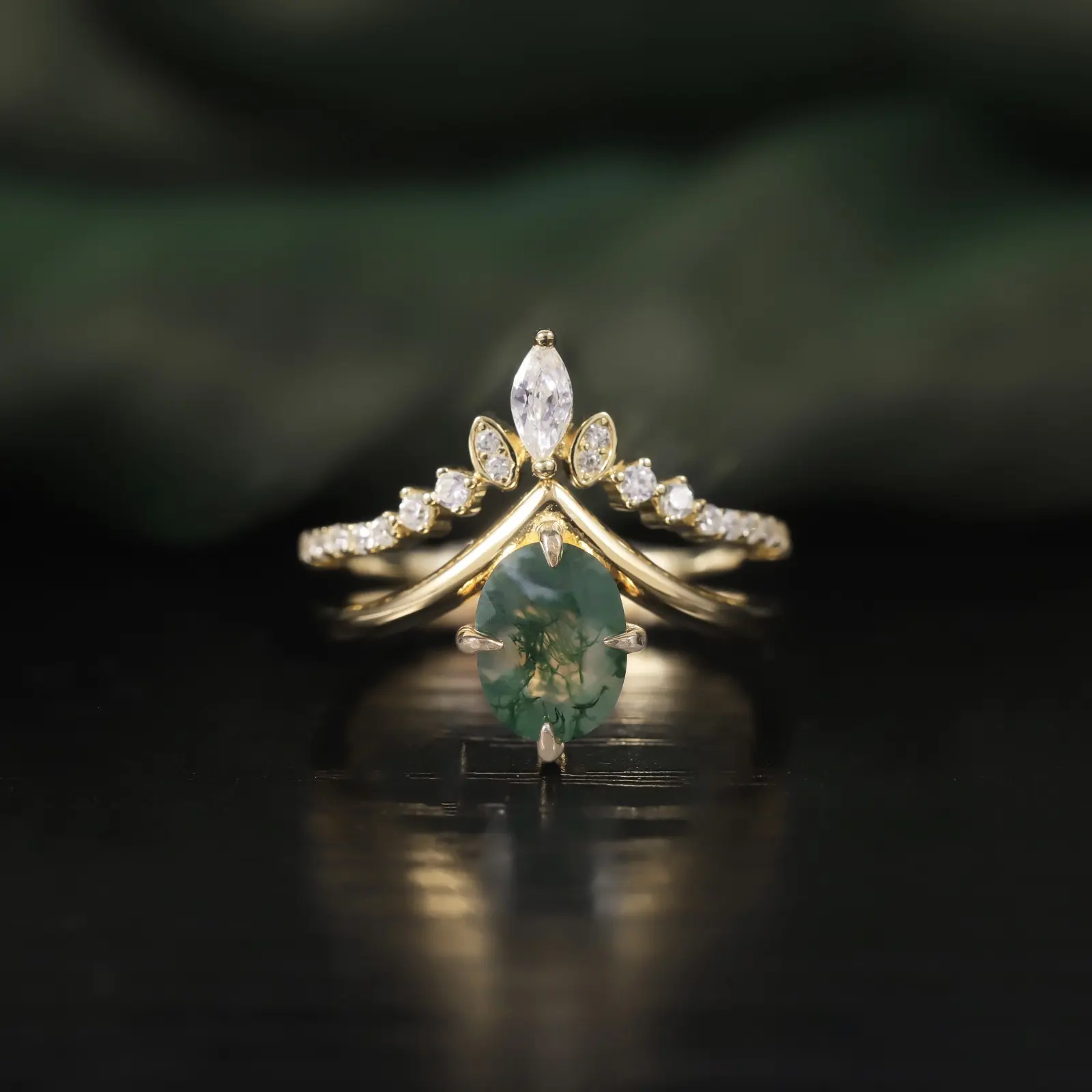 Elegant Vintage Moss Agate Rings Bridal Set, 925 Sterling Silver Oval Engagement Ring with Chevron Wedding Band for Women, Bridal Set Rings