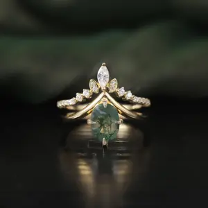 Unique Moss Agate V Shape Engagement Ring Set  Chevron Wedding Band 2pcs Bridal Ring Set in 925 Sterling Silver GB  #Love Story