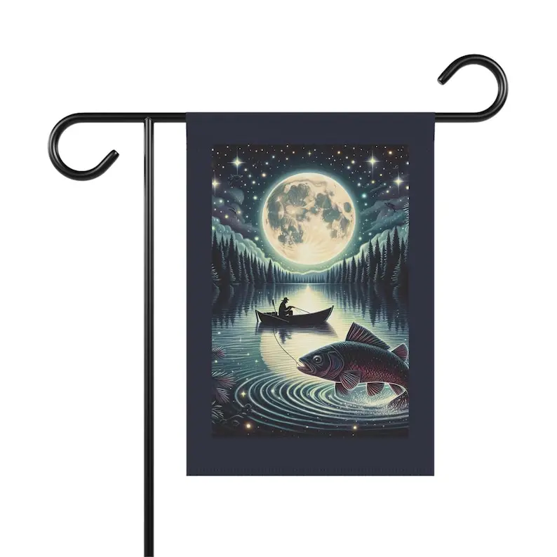 Moonlight Lake Fishing Flag: Outdoor Garden Decor, Fisherman Gift