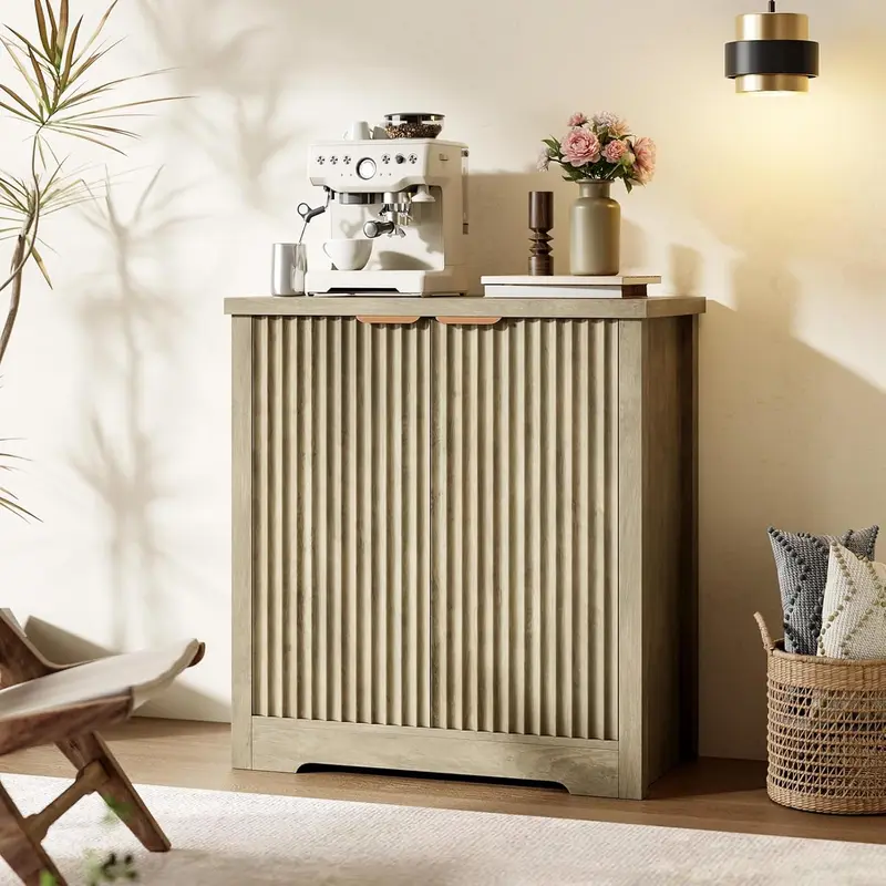 Fluted Buffet Sideboard Cabinet, Accent Modern Credenza with Doors & Shelves, Wood Credenza Storage Console Cabinet for Living Room Kitchen Dining Room Hallway