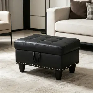 Matching Leather & Linen Storage Ottoman for L-Shaped Sectional - Skin-Like Luxury Fabric, Solid Wood Frame, Modern Nailhead Trim Footstool for Living Room, Bedroom