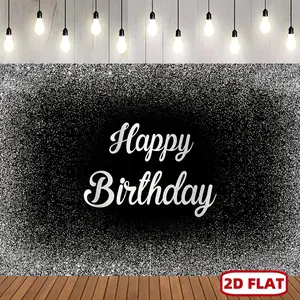 2D Flat Black & Silvery Happy Birthday Backdrop Grey Glitter Photography Background for Men Women Adult Party Decorations Supplies