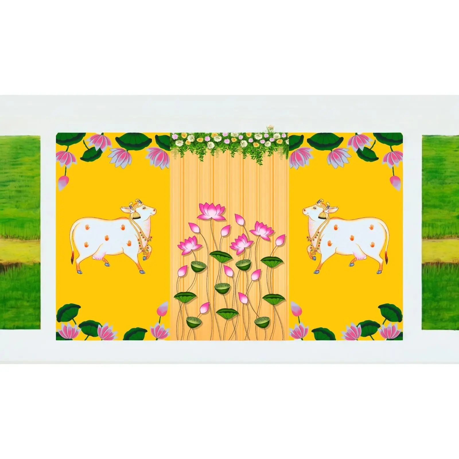 Traditional Pichwai Backdrop for Diwali, Wedding, Housewarming - 5 x 8 Feet Fabric Backdrop (1119)