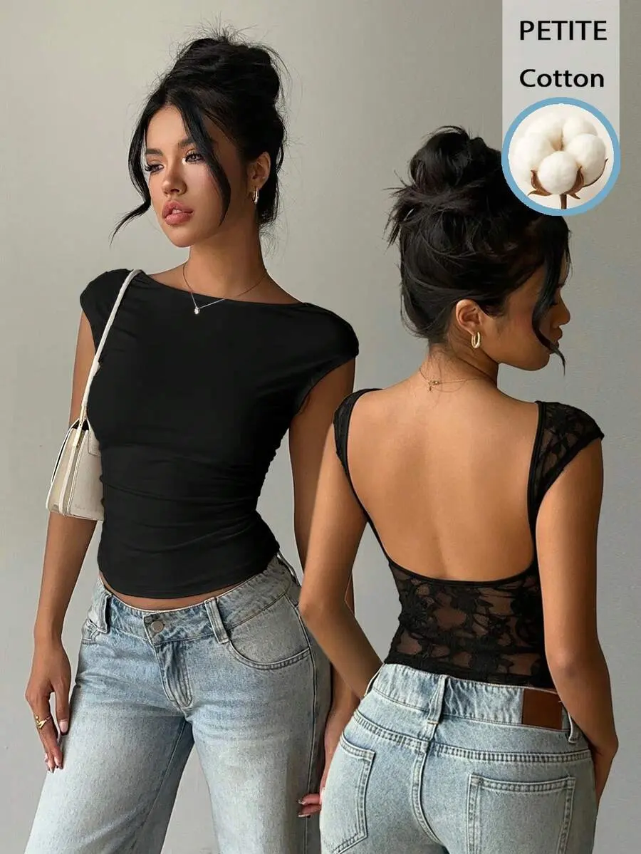 Petite Sexy Style 95% Cotton Lace Patchwork Short Sleeve T-Shirt, Backless Crop Top, Suitable For Spring/Summer, Party, Beach,Summer Top
