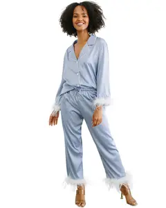 Women Satin Feather Trim Pajama Set 2 Piece Solid Lapel Top & Long Pants Sleepwear
