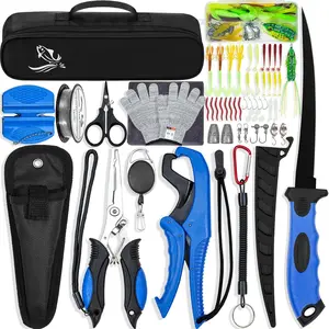Fishing Tool Kit, 50 Pieces Fishing Gear, Fishing Pliers with Lanyard, Fillet Knife, Fish Lip Gripper, Fly Ice Fishing Hook Extractor, Anti-Cutting Gloves, Fishing Lures Baits Accessories