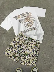 Two-Piece Set Men's Letter Print Tee & Camo Print Shorts Set, Regular Fit Round Neck Short Sleeve T-shirt & Drawstring Waist Shorts, Casual Summer Clothes for Outdoor