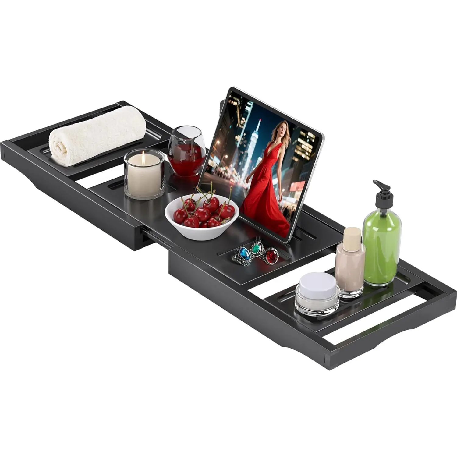 Premium Bamboo Expandable Foldable Bathtub Tray Caddy - Modern Bathroom Gadget, Ideal for Housewarming, Anniversary Gifts (Black)