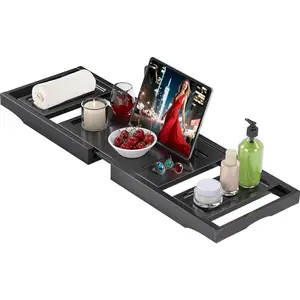 Bathtub Tray Caddy,Premium Bamboo Expandable Bath Tub Trays Table, Foldable Bathroom Accessories,Great House Warming, Anniversary and Birthday Gifts,Black