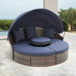 Hot Sale KD Rattan Round Lounge with Canopy Bali Canopy Bed Outdoor, Wicker Outdoor Sofa Bed with Lift Coffee Table