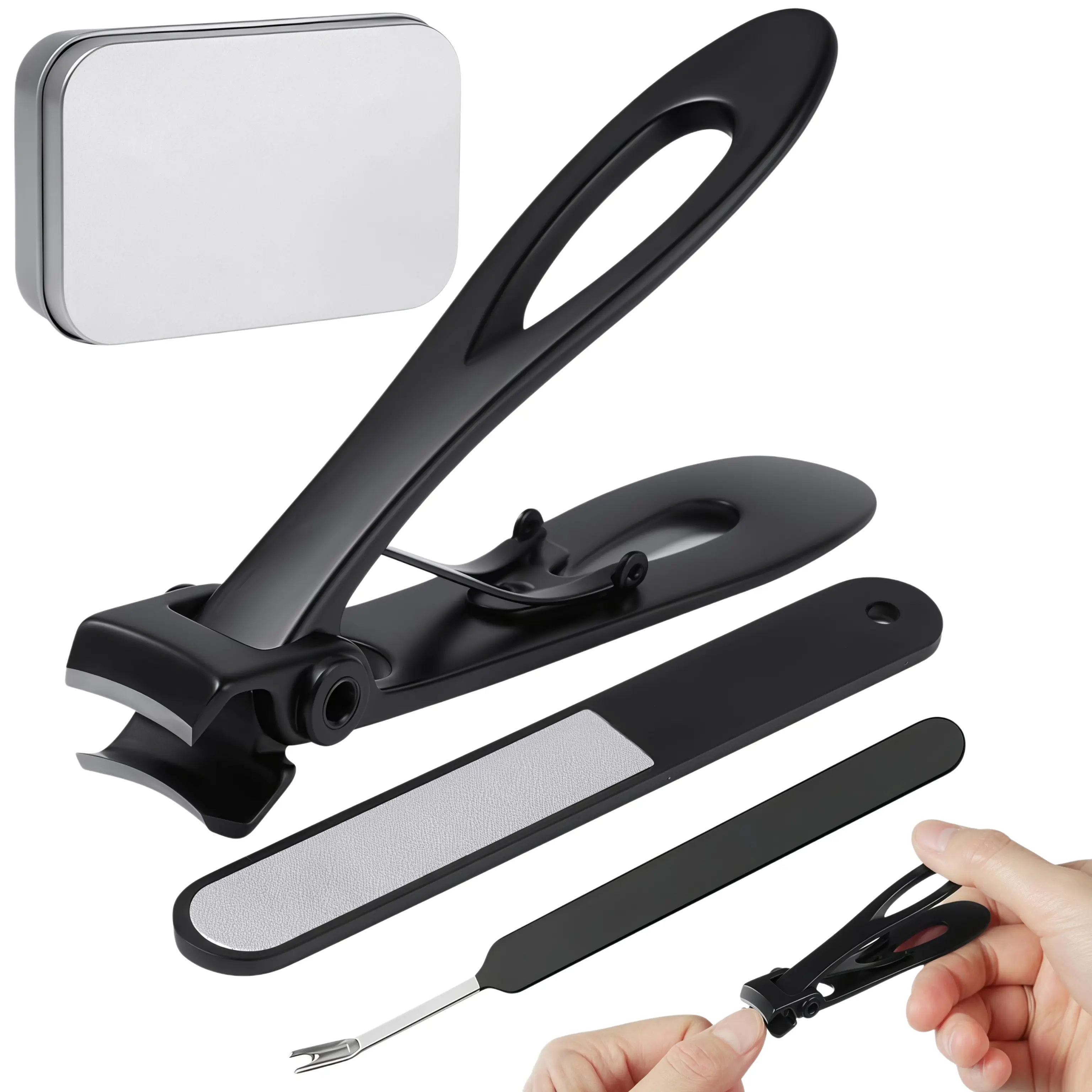 LMMAKE 1SET Extra Wide Opening Heavy-Duty Toenail Clipper Kit with Handle, Super Sharp Stainless Steel Thick Nail Cutters, Multi-Use Manicure & Pedicure Storage Set for Seniors, Bonus Nail File