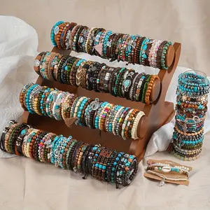 Gift for Her/Him10/25pcs Bohemian Wooden Bead Bracelets Set, Assorted Butterfly, Feather, Cactus Charms, Unisex Daily Wear Jewelry, Ideal Christmas Gift