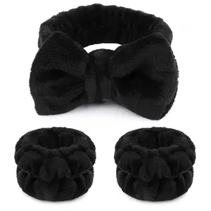 Makeup Headbands, 1pcs Black Spa Headband Fluffy Bow Tie Headband Microfiber Face, and 2Pcs Wrist Spa Wash Band Absorbent Wristbands, for Washing Face Skin Care