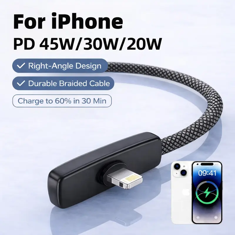 Right Angle USB-C to Lightning Fast Charging Cable, 30W/20W Braided Nylon Durable Cord for iPhone, iPad, MacBook, Smartphone, Cellphone, Mobile Electronic Devices, 90 Degree Gaming Design with Anti-Break Head techvibes