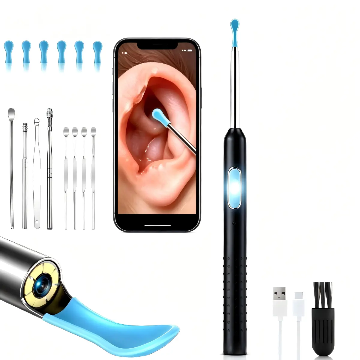 Wireless Ear Wax Remover Kit with 1080P HD Camera, Visual Cleaning Tool for Safe Removal with 6 LED Lights and Soft Silicone Head for Adults & Kids, Earwax Cleaning Kit, Family-Safe Design, Wand, Non-Medical, Unisex, Kit Set