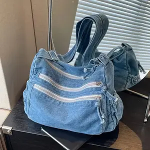 Practical Fashion Ladies' Denim Crossbody Bag Adjustable Straps Multiple Zipper Pockets