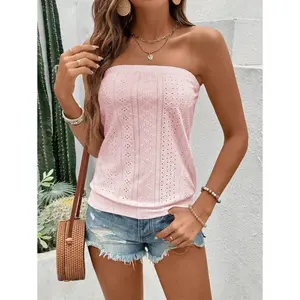 EMERY ROSE Women's Vacation Leisure Solid Color Hollow Out Embroidered Bandeau Top