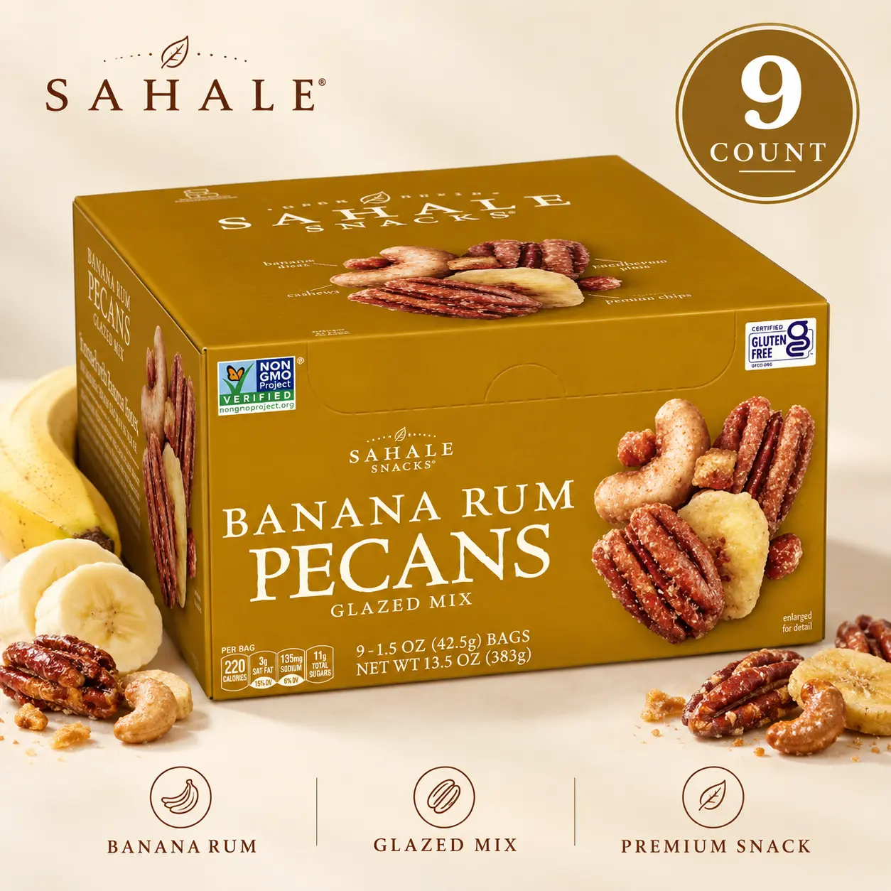 Sahale Banana Rumami Pecan Mix - 1.5 oz, 9-Count Tray, Sweet Fruit & Nut Flavor Snack Mix Contains Chocolate