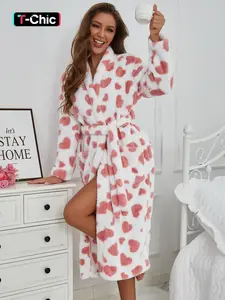 Women's Heart Print Belted Pocket Lounge Robe, Casual Long Sleeve V Neck Warm Robe, Ladies Sleepwear for Fall & Winter, Night Gown, Womenswear