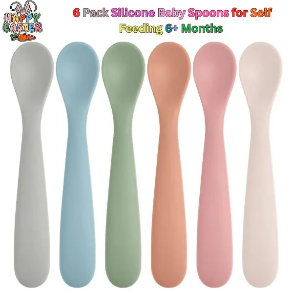 6 Pack Silicone Baby Spoons for Self Feeding 6+ Months, BPA Free Soft Tip Toddler Utensils, Baby Led Weaning Supplies, Dishwasher Safe
