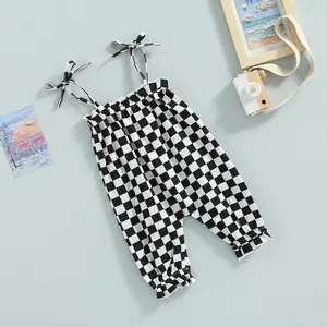 Infant Baby Girls Summer Jumpsuits Checkerboard Plaid Sleeveless Tie-up Smocked Romper Overalls
