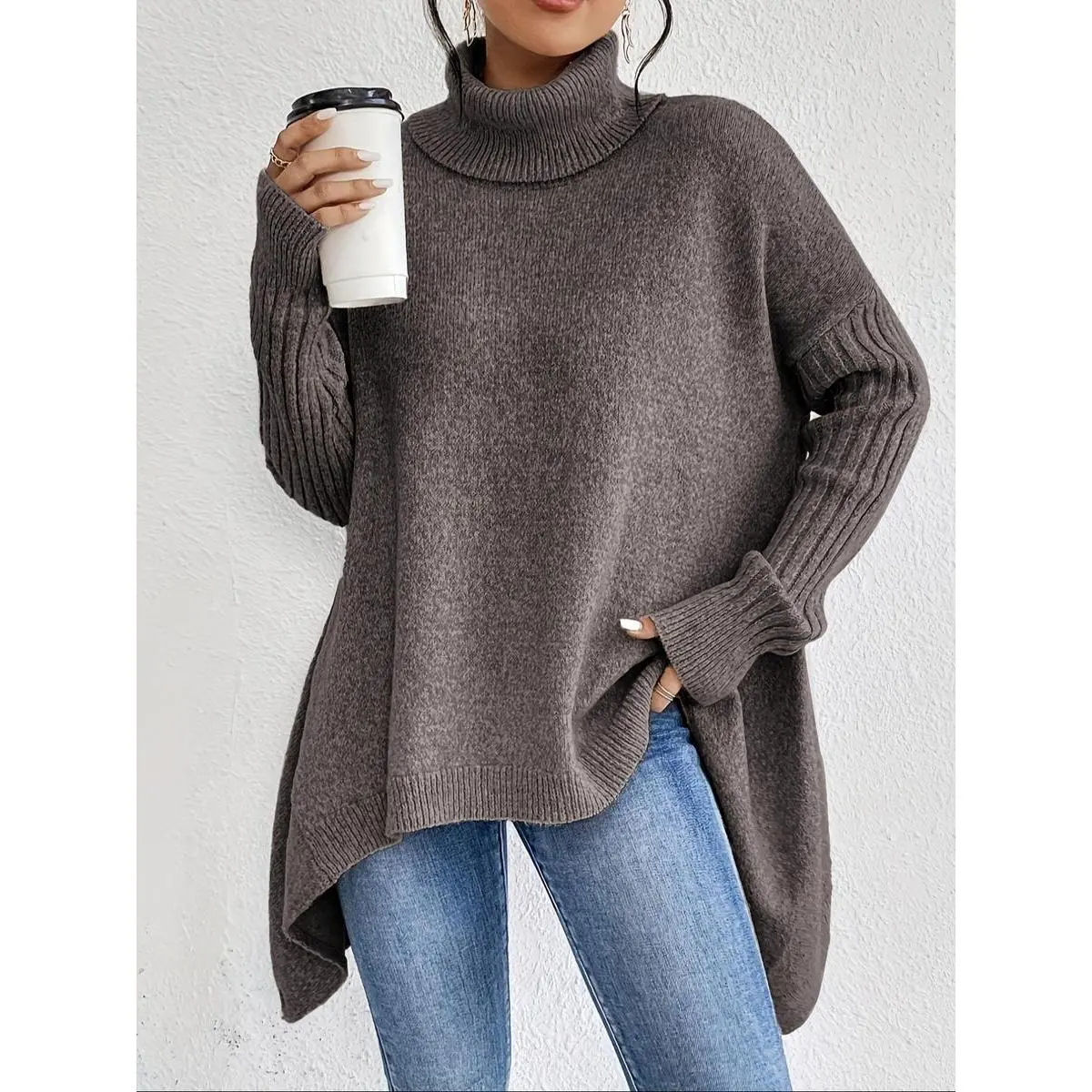Women's Chunky Knit High Neck Long Sleeve Sweater, Casual Loose Fit Pullover, Irregular Hem, Fashionable Fall & Winter Wear, Styling Essential, Aesthetic, Go To, Trendy, Going Out, Everyday, Evening Chic
