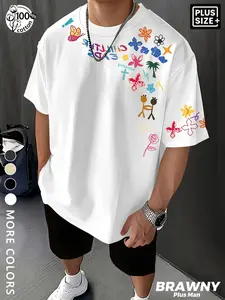 Men's Plus Size 100% Cotton Oversized Drop Shoulder T-Shirt, Colorful Floral & Butterfly Graffiti Print Crewneck, Y2K Streetwear Summer Casual Loose Fit Tee