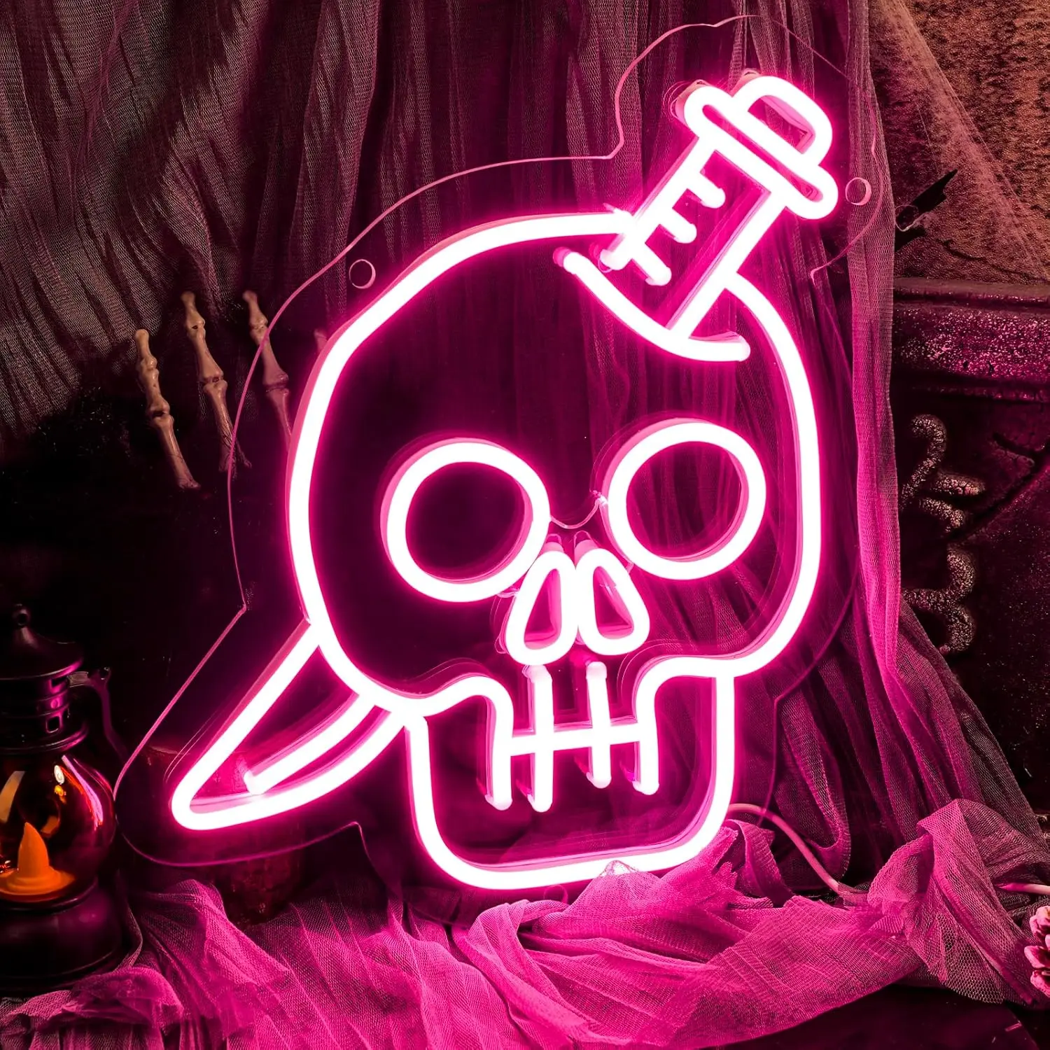 11.8*10.5 in Skull Neon Sign Pink Skeleton Head LED Lights for Festival Party Room Decor Wall Art