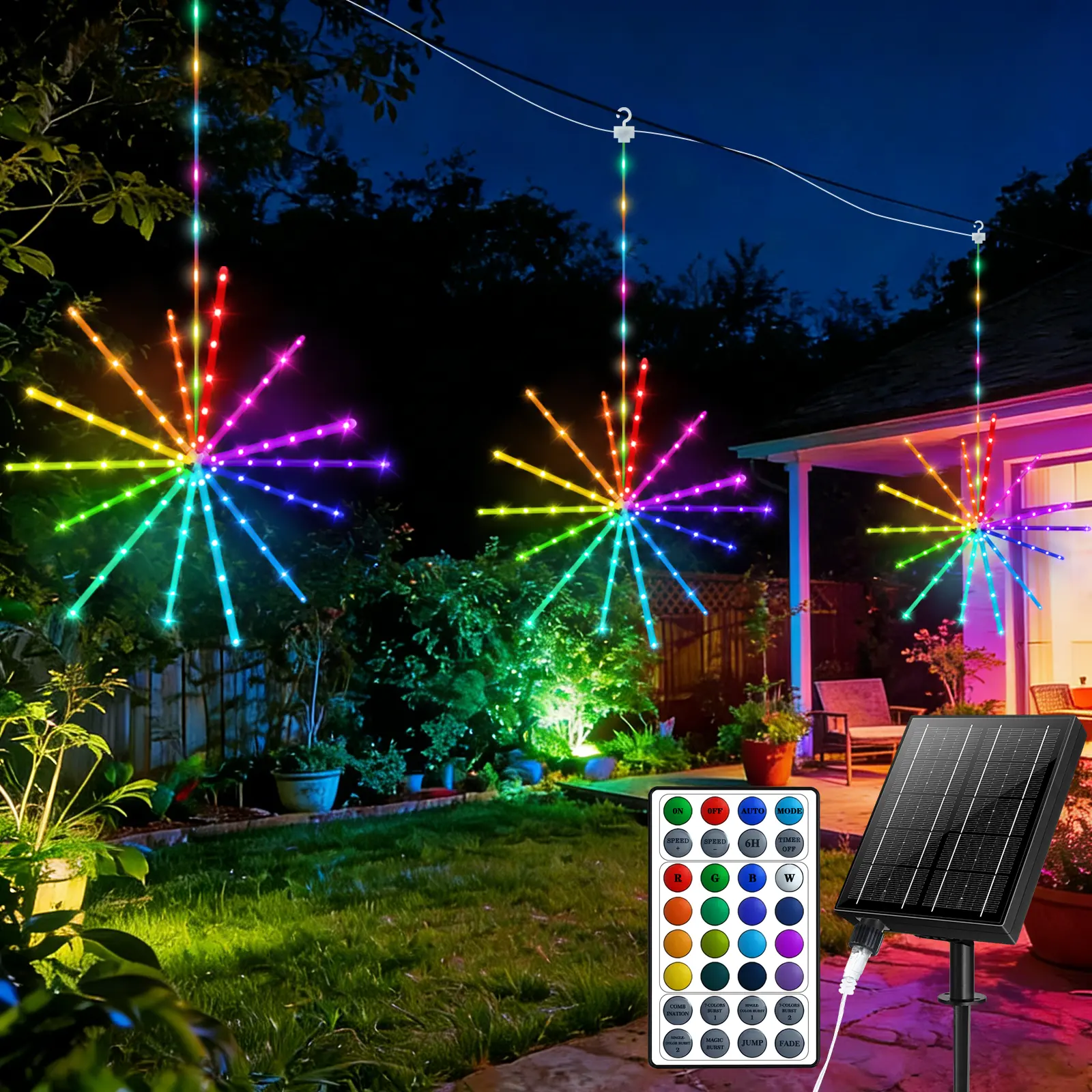 Solar Firework Lights 3 Pack RGB Color Changing Starburst Lights with Remote, Waterproof Solar Outdoor Garden Lights with Timer for Patio Party Wedding Decor