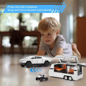 Tesla family -1/32 Trailer Model Kit Electric,Truck with Sound and Light,Truck Toy,Car Toy with RV, Motorcycle,CyberTruck,pickup with trailer,monster toycar,transform robot,for Kids Aged 3-6 and Up - Silver