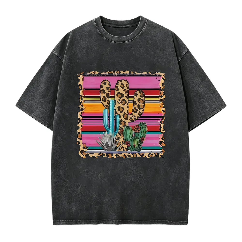 Retro Western Cactus Tee, Relaxed Fit Round Neck Short Sleeve Shirt, Material, Cozy for Every Season