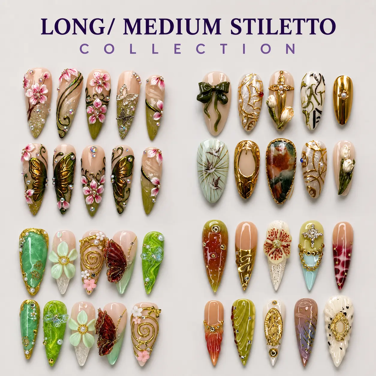 NAILPHORIA Luxury Handmade 3D Nail Art Reusable Press On Nails | Long & Medium Stiletto Sculpted Gel Nails | Artisan Summer Floral Butterfly Shell Collection