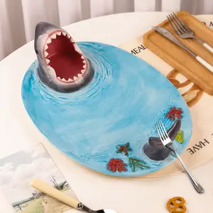 Blue Ceramic Shark Plate, Shark Sushi Plates, Dumpling Plates, Funny Handmade Kitchen Salad Plates with Dipping Sauce Bowl, Microwave/Oven/Dishwasher Safe Plates, Holiday Birthday Gifts for Shark Party Lovers