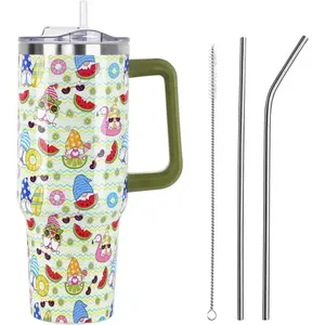 Beach Gnomes Tumbler with Handle and Straw Lid 40 oz,Cute Summer Gift for Women Men Watermelon Lemon Vacuum Insulated Leak Proof Stainless Steel Coffee Cup Mug