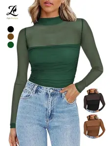 Women's Mesh Sheer Long Sleeve Ruched Top, Womenswear, Casual, Sexy Fitted High Neck Design, Fashionable Versatile Layering Piece for Stylish