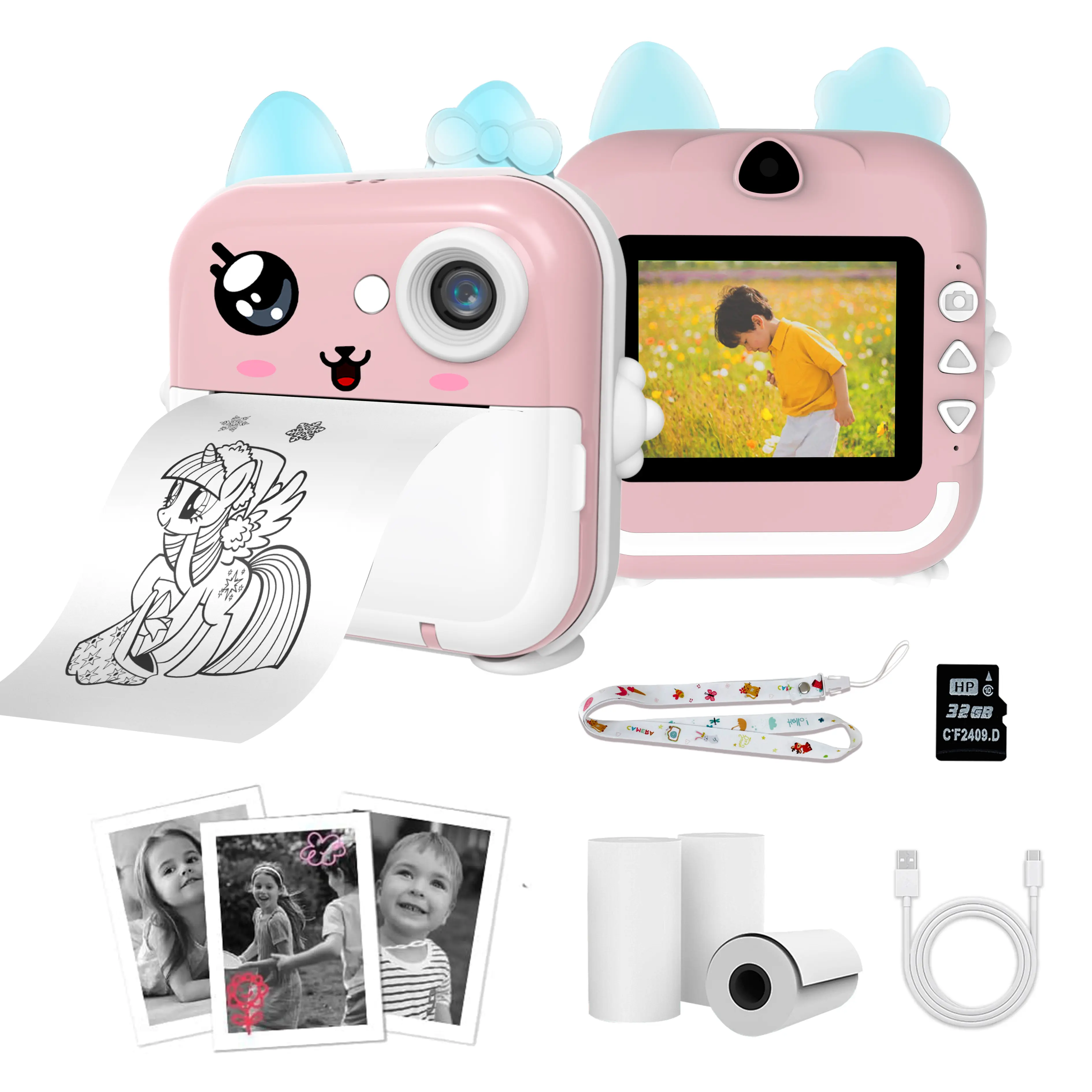 Kids Smart Instant Print Camera Toy - Versatile Cute Digital Camera Toy(with 3 Rolls Print Paper, 32GB TF Card, TypC Charge Cable)