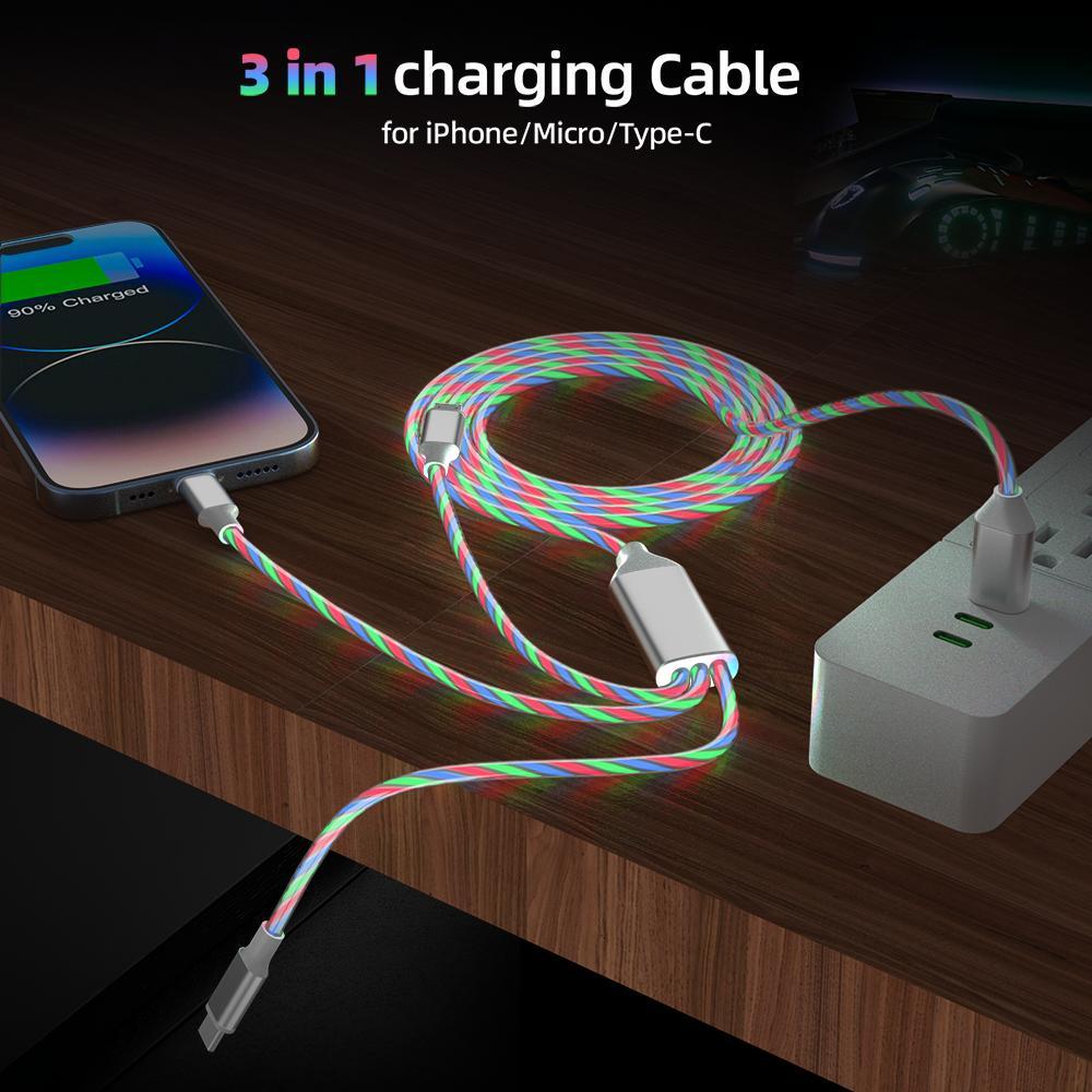 2 Packs 3-in-1 LED Glow Charging Cable, Flowing Light USB Cable, Universal 3 in 1 Charger Cord with USB C/Micro USB/Lightning, Compatible for iPhone Android Phones