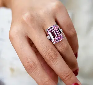 2026 Trending Emerald Cut Zircon Statement Ring for Women | Luxury Large Rectangle Solitaire Ring | Silver-Tone Sparkly Cocktail Jewelry | Elegant Oversized Pink/White Crystal Ring for Party/Wedding Wear