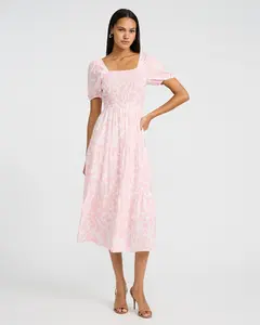 Express Floral Square Neck Puff Sleeve Smocked Midi Dress