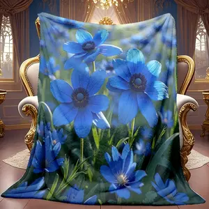 1pc Blue Flower Blooming Field Pattern Theme Pattern Flannel Blanket Soft High-definition Digital Printing Cooling Blanket Suitable For All Year Round! 100% Polyester Fiber, Suitable For Family And Friends All Year Round