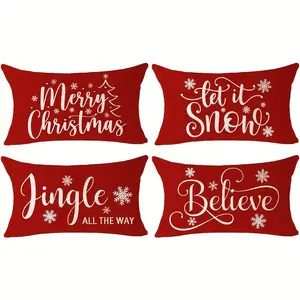 4pcs, Snowflake Decor Christmas Throw Pillow Covers, Let It Snow Red Lumbar Cushion Case Sofa Home Decor Waist,  Home Décor Products, Cushion Cover Decoration for Couch Sofa, Room Decor and Bedroom Decor, Single Sided Printing, No Pillow Core