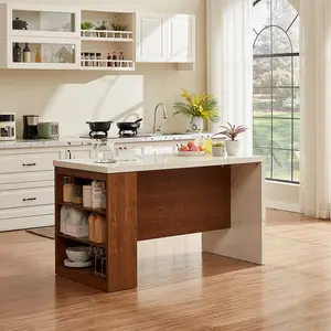 【CategorySelect】ONBRILL 61"x31" Large Wood Top Kitchen Island Table, Whole Board Tabletop with Storage Space, Power Outlet, LED Lights, Easy Setup Modern Imitation Marble Counter Height Dining Table for 4