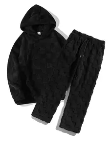 Men's Fluffy Checkered Tracksuit - Hoodie, Joggers, Plush Fabric, Checkered Pattern, Ribbed Cuffs. Versatile for Lazy Lounging, Home Relaxation & Casual Outings. Enjoy Reliable Comfort & Textured Style