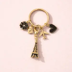 Charm Keychain- Bag Charm- Kindle Charm- Paris Eiffel Tower Black Flower Heart Gold Plane Envelope