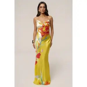 Yellow Satin Floral Print Maxi Dress