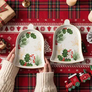 Set of 2 Christmas Bell Shaped Plates 6 inch  Festive Holiday Serving Platter for Dessert, Appetizer & Treats  Dishwasher Safe Dinnerware with Gold Accents