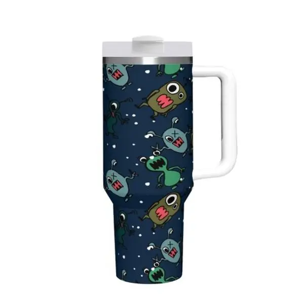 Navy Cute Cartoon Monster Alien 40oz Tumbler With Handle Funny Creature Stainless Steel Travel Mug With Straw