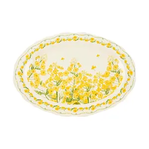 Golden Lion 30.5cm Ceramic Serving Platter - "Milk White" Oilseed Rape Flower Design, Rectangular Fish Plate for Home & Kitchen, 31.4x21.7x3cm