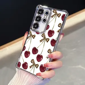 Cute Cherry Leopard Print Bow Pattern Phone Case For Samsung Galaxy S26 Ultra S25 Plus S24 S23 FE S22 Electroplated Cover with Airbag Shockproof Slim Soft TPU Smartphone Casing Cover